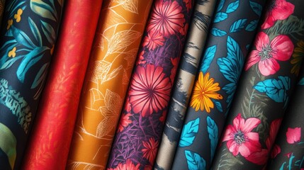 A close-up of bold summer prints on fabric, including florals and tropical designs, offering a vibrant and fashionable scene with space for text.
