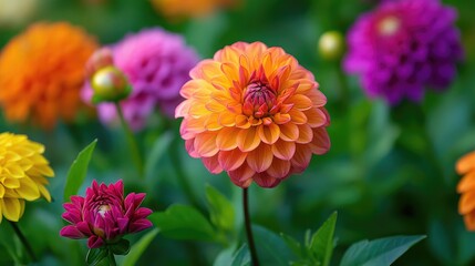A close-up of flowers in a garden, with their bright, vivid colors standing out against the green leaves and stems.