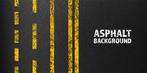 Asphalt road with yellow cracked lane marking, concrete highway surface, texture. Street traffic line, road dividing strip. Pattern with grainy structure, grunge stone background. Vector illustration © 32 pixels