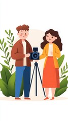 A cheerful couple posing with a camera on a tripod, surrounded by lush greenery, capturing a joyful moment in nature.