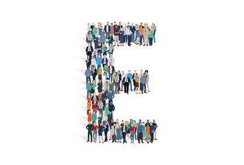 Illustration vectorielle représentant la lettre E de l'alphabet constituée d'une foule de personnages d'âge, de races et de sexes différents