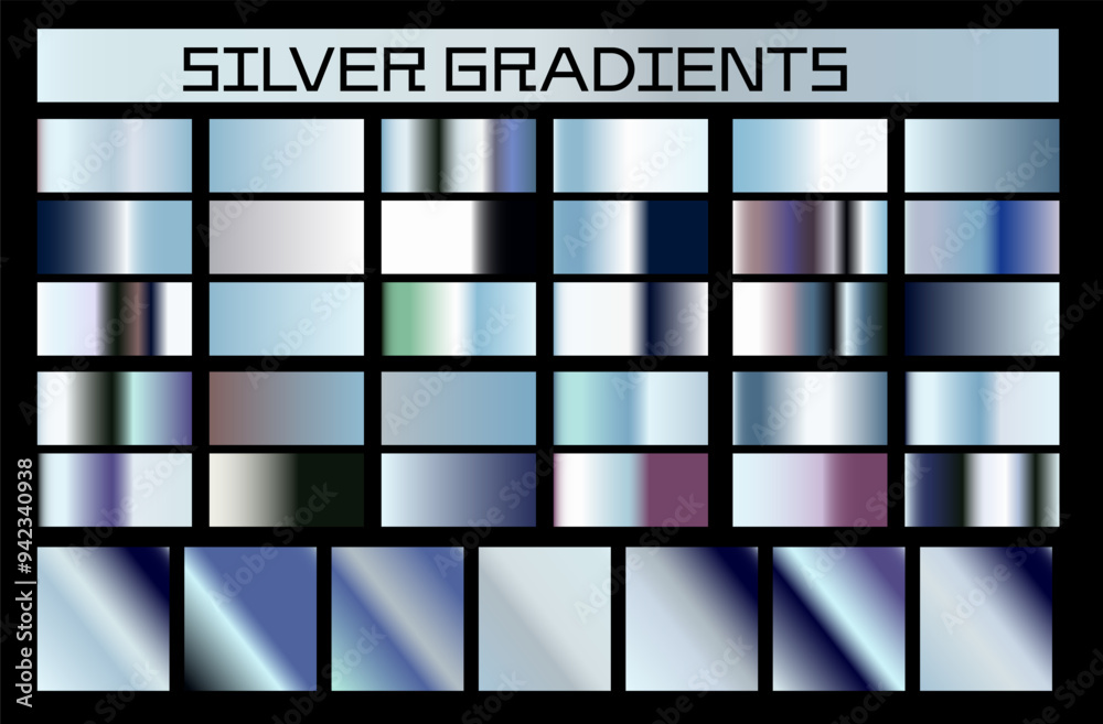 Poster a large set of silver shiny gradients representing metallic colors.