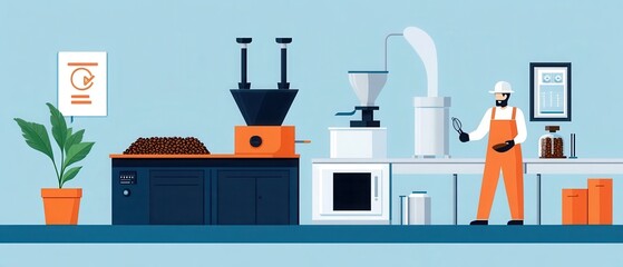 Fototapeta premium A modern coffee roasting workspace featuring equipment, beans, and a worker. Ideal for coffee-related projects and marketing materials.