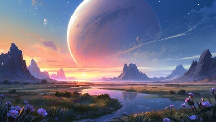 Incredibly colossal planet in the sky above the canyon, landscaper