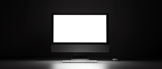 Modern desktop computer with a blank white screen in a dark room, minimalistic setup with keyboard and mouse.