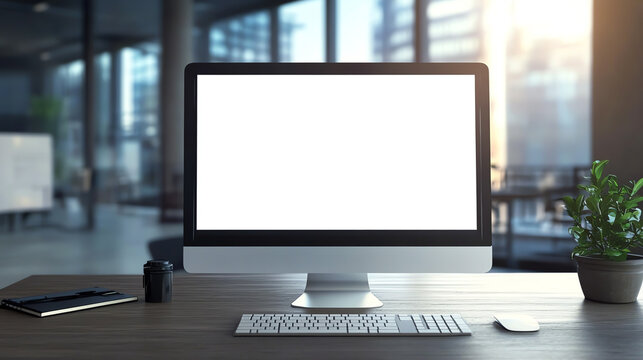 Modern desktop computer with a blank screen on a wooden desk in an office with large windows and natural light.