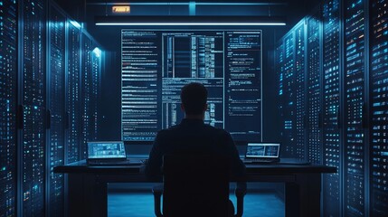 Programmer reviewing server status on a minimalist console