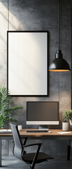 Modern home office setup with a computer and blank vertical frame on wall. Industrial style decor with a lamp and plants for a productive workspace.