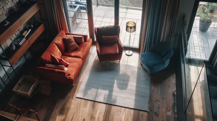 A view of a cozy living room from above with furniture and decor