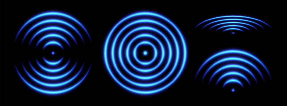 Sonic wave light effect, wireless network signal icons, glowing scanning concept. Sensor or echo neon effects. Vector illustration.