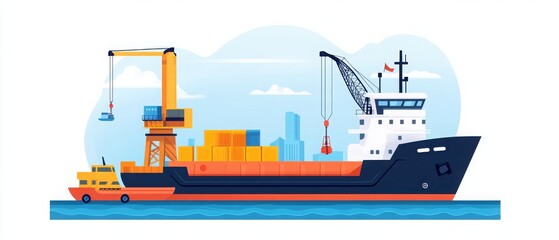 Illustration of a cargo ship loaded with containers, a crane and a smaller boat, representing shipping and logistics.