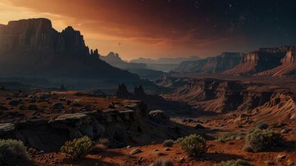 Incredibly colossal planet in the sky above the canyon, landscaper