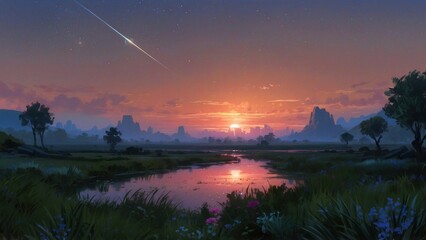 Obraz premium Panoramic wallpaper wonderful landscape meadows and cosmic sky