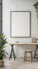 Modern minimalist workspace with blank framed poster, wooden desk, stool, and green plants in a bright, stylish home office setting.