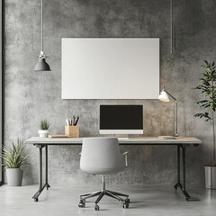 Modern minimalist workspace with desk, computer, chair, and potted plants against a gray wall with blank canvas. Stylish office setup.