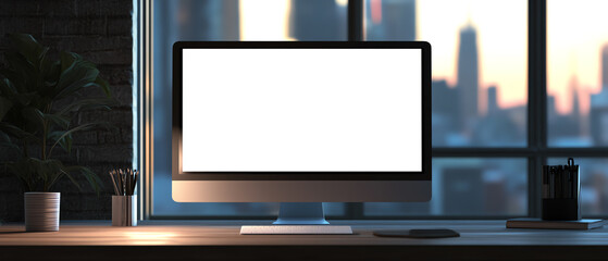 Fototapeta premium Modern office setup with a blank computer screen, large window view of city skyline at sunset. Ideal for design, tech, or business theme.