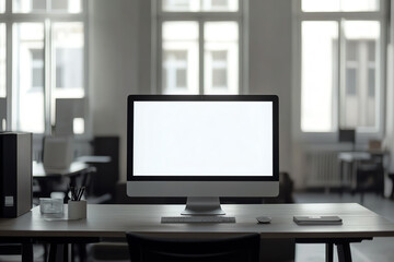 Naklejka premium Modern office space with a computer monitor on a desk, clean and minimalist design, perfect for business, work, and productivity concepts.