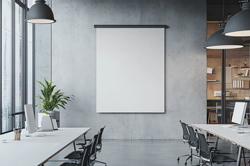 Modern office space with a blank whiteboard, sleek desks, chairs, and large windows enabling ample natural light.