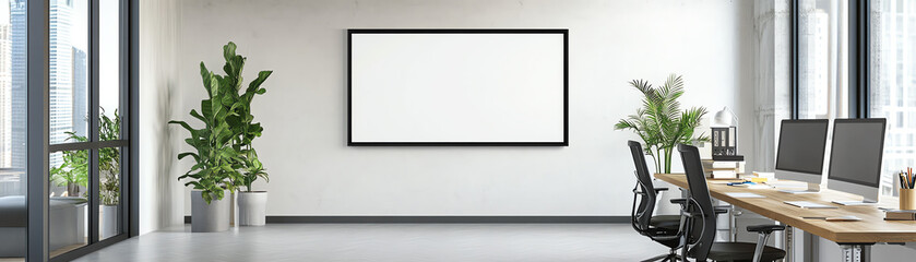 Obraz premium Modern open office space with large windows, plants, and a blank whiteboard on the wall. Minimalist design and natural light.