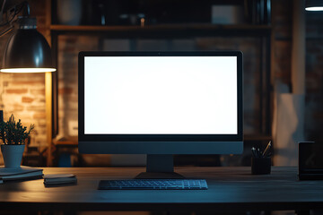 Modern workspace with a desktop computer, keyboard, and desk lamp in a dimly lit room, providing a cozy and productive atmosphere.