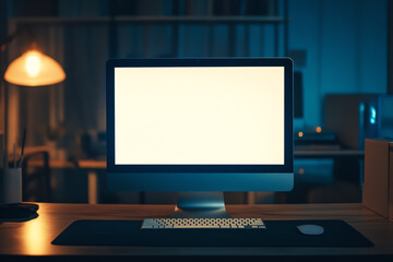 Modern workspace with blank computer screen, illuminated by a desk lamp in a dimly lit room, ideal for night-time productivity.