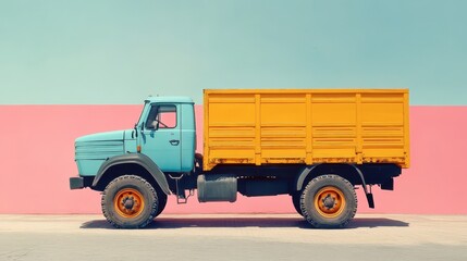Colorful vintage truck parked against a pastel wall in a urban setting
