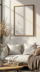 Fototapeta premium Minimalist Living Room with a Framed Canvas and Natural Light