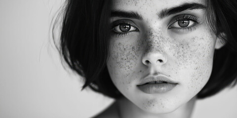 Fototapeta premium Close-up Portrait of a Freckled Woman with Intense Gaze in Black and White
