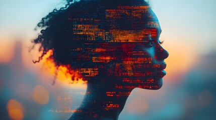 A human silhouette overlaid with intricate digital speech patterns in double exposure, highlighting AI's impact on voice recognition technology, futuristic tones