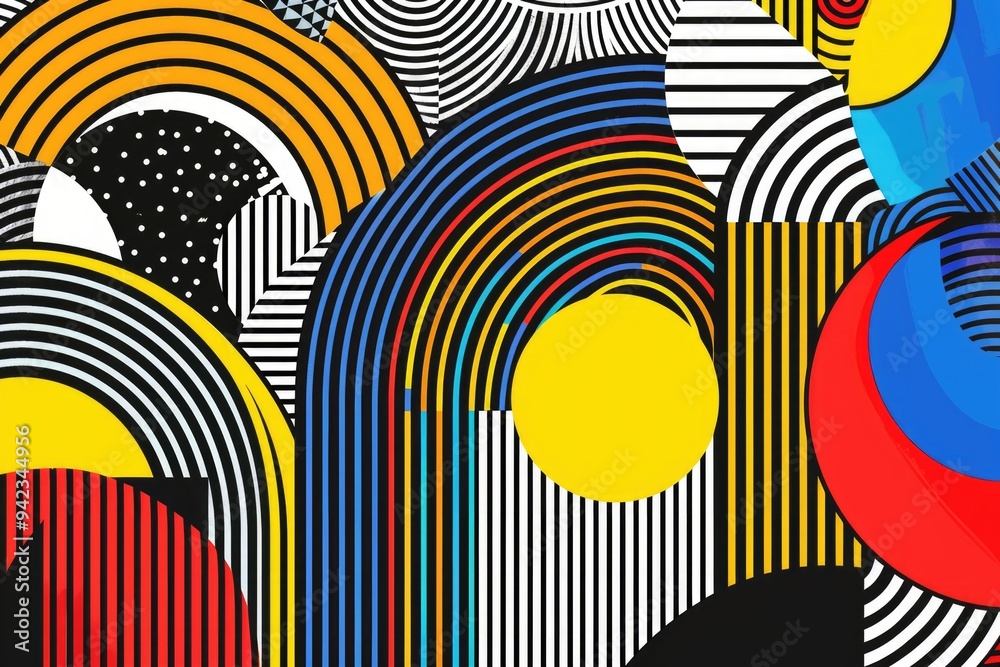 Poster colorful abstract art piece featuring geometric shapes and patterns
