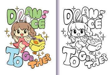 Coloring book or page for kids, Cartoon illustration of a cute little girl with two braids and a little duckling dancing happily with letters.