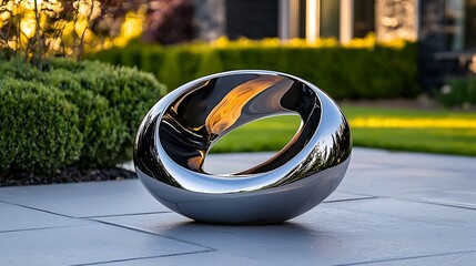 A chrome sculpture set in a garden, its reflective surface blending nature with modernity.