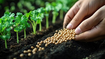 A close-up of hands spreading seeds over a garden bed, capturing the beginning of a new growing season with ample copy space.