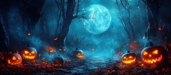 Halloween theme with pumpkins and dark forest. Scary Halloween design on table. Jack-o-lantern on the dark forest