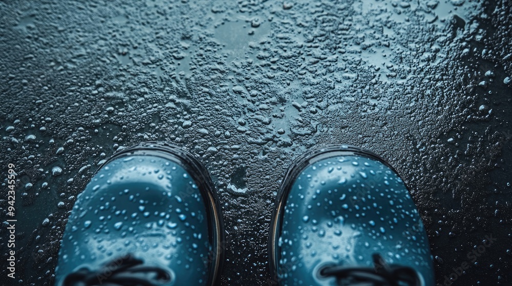 Poster a close-up of rain boots covered in droplets of rain on a wet surface, highlighting the texture and 