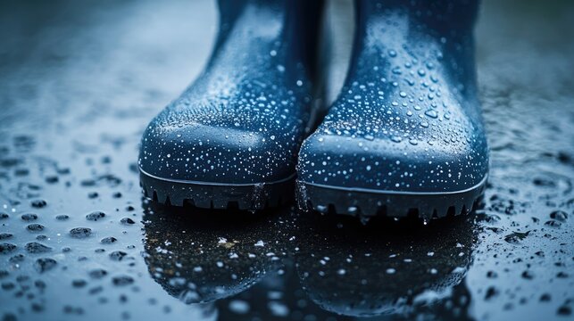 A close-up of rain boots covered in droplets of rain on a wet surface, highlighting the texture and functionality of the boots with ample space for text.
