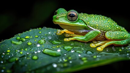 Fototapeta premium A close-up of rainforest details, including a bright green tree frog resting on a large leaf, with dewdrops sparkling in the sunlight.