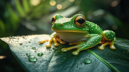 Fototapeta premium A close-up of rainforest details, including a bright green tree frog resting on a large leaf, with dewdrops sparkling in the sunlight.