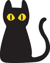Black cat with yellow shining eyes flat cartoon icon.