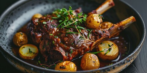 Slow cooked lamb knuckle braised in red wine sauce with mini roast potatoes and herbs in a Nordic design bowl close up with copy space