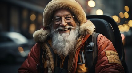 Smiling Santa Claus driving taxi car in the city