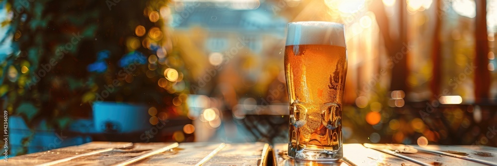 Wall mural Beer Glass on a Bright Day with Chilled Pint and Amber Beverage on an Outdoor Table