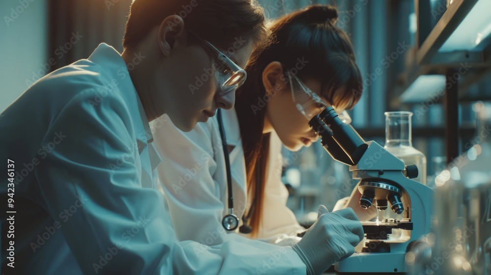 Leinwandbilder two scientists analyzing a sample under a microscope