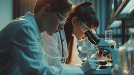 Two scientists analyzing a sample under a microscope