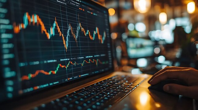 A laptop screen showing stock market trading with a candlestick chart, a snapshot of financial trends.