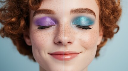 Obraz premium A detailed close-up of two different eye makeup styles: one with subtle peach tones and the other with bold teal and yellow hues.