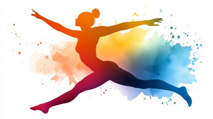 Naklejka premium Silhouette of a dancer captured in double exposure, surrounded by dynamic watercolor splashes in a rainbow gradient, capturing motion and energy