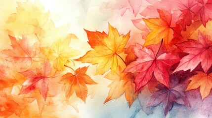 A close-up of watercolor painted fall leaves with delicate brushstrokes and vibrant hues, creating a beautiful, artistic background with space for text.