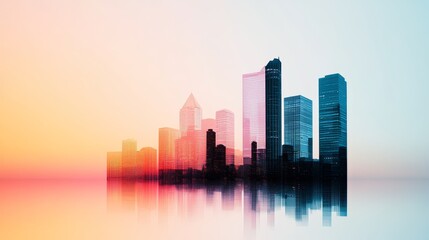 Fototapeta premium Urban skyline in silhouette, layered with a vivid sunset gradient, double exposure technique highlighting city lights