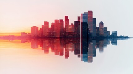 Urban skyline in silhouette, layered with a vivid sunset gradient, double exposure technique highlighting city lights